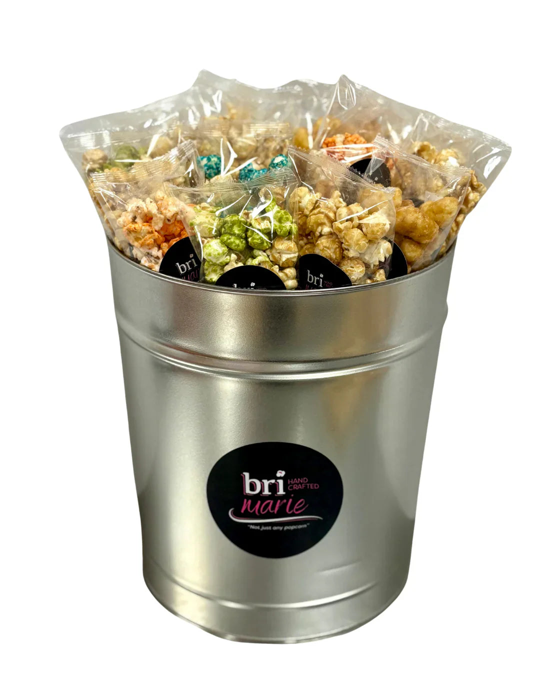  Assorted gourmet popcorn bags arranged in a branded metal bucket by Bri Marie Popcorn.
