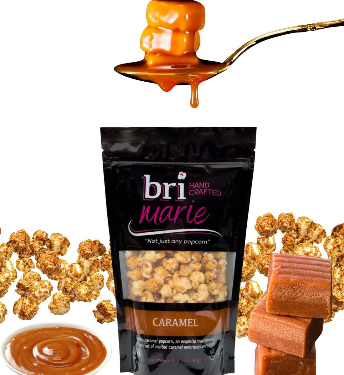  A collage that features Bri Marie’s Handcrafted caramel-flavored gourmet popcorn.