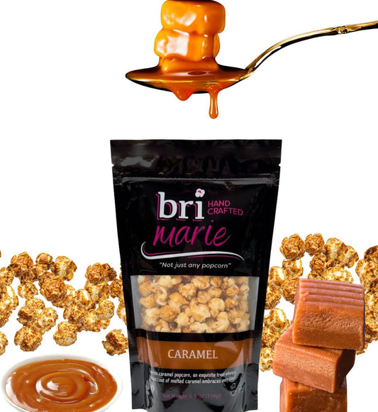  A collage that features Bri Marie’s Handcrafted caramel-flavored gourmet popcorn.
