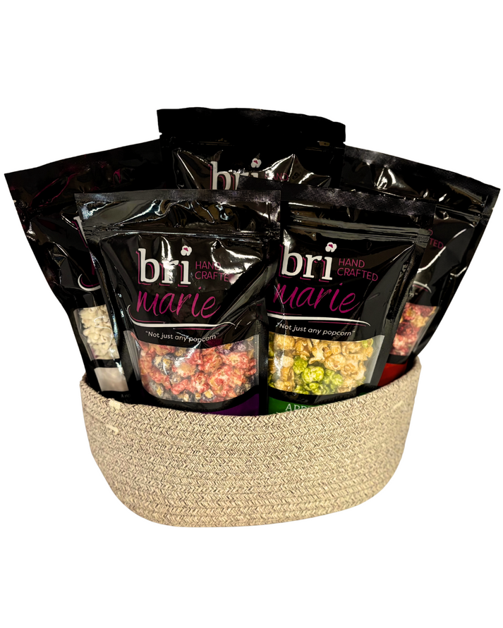 Bri Marie Nacho Pop popcorn with bold cheesy nacho flavor made from non-GMO popcorn kernels.