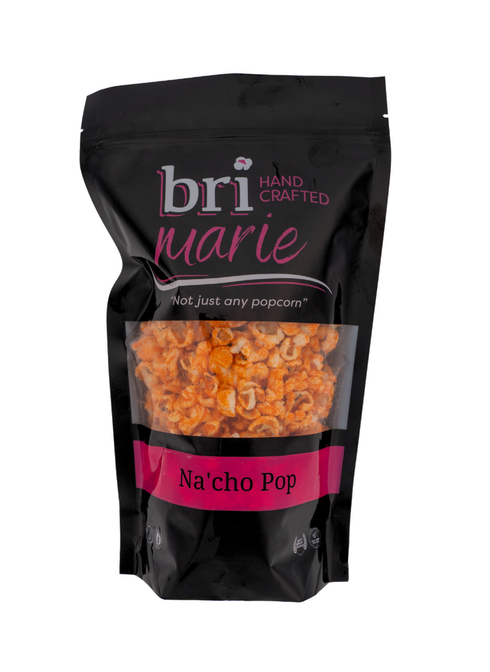 Bri Marie Nacho Pop popcorn with bold cheesy nacho flavor made from non-GMO popcorn kernels.