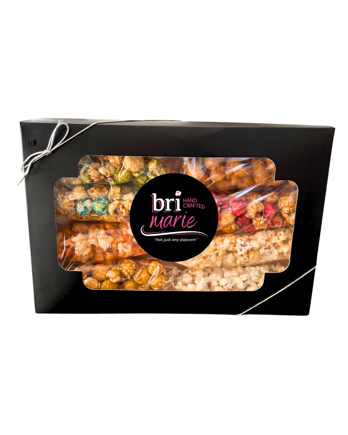 Bri Marie Cherry Caramel popcorn with sweet cherry and caramel coating made from non-GMO popcorn kernels.