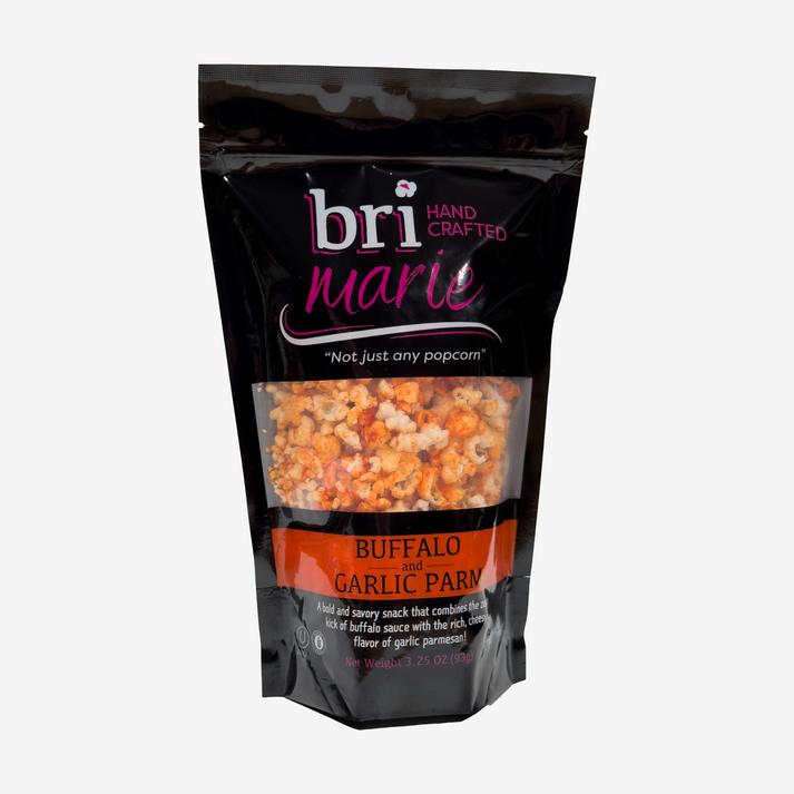 Bri Marie Cherry Caramel popcorn with sweet cherry and caramel coating made from non-GMO popcorn kernels.