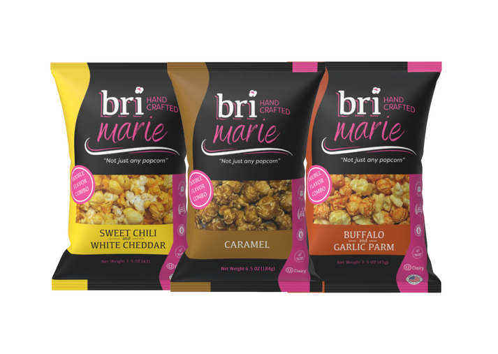Bri Marie Blue Raspberry & Caramel popcorn with tangy dill flavor in a bowl, featuring non-GMO popcorn kernels.