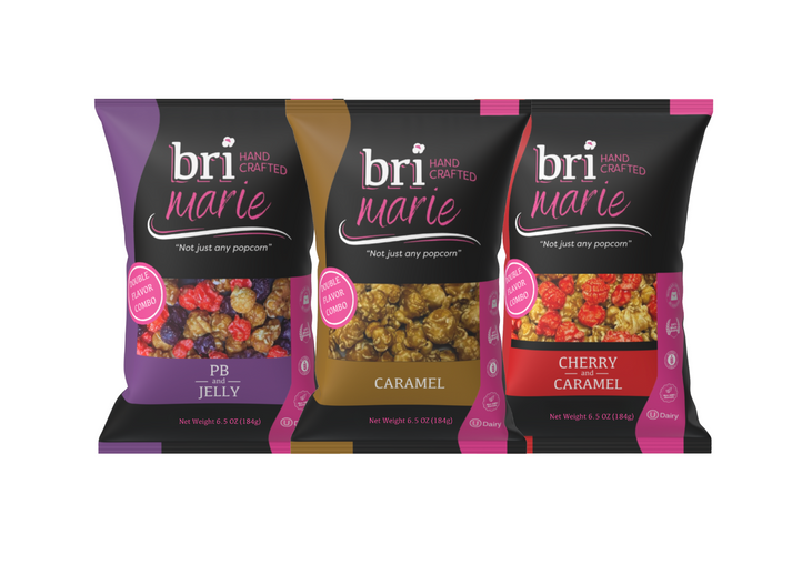 Bri Marie Cherry Caramel popcorn with sweet cherry and caramel coating made from non-GMO popcorn kernels.