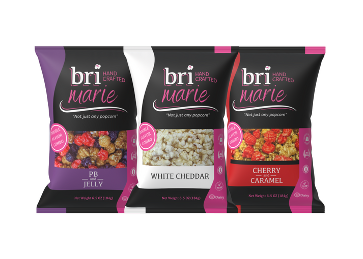 Bri Marie Nacho Pop popcorn with bold cheesy nacho flavor made from non-GMO popcorn kernels.